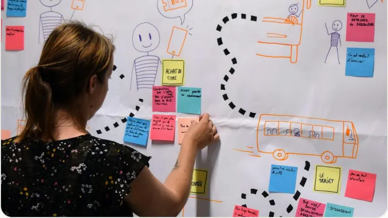 Une participante colle des post-it sur une grande fresque dessinée qui représente le parcours d’un voyageur en bus.